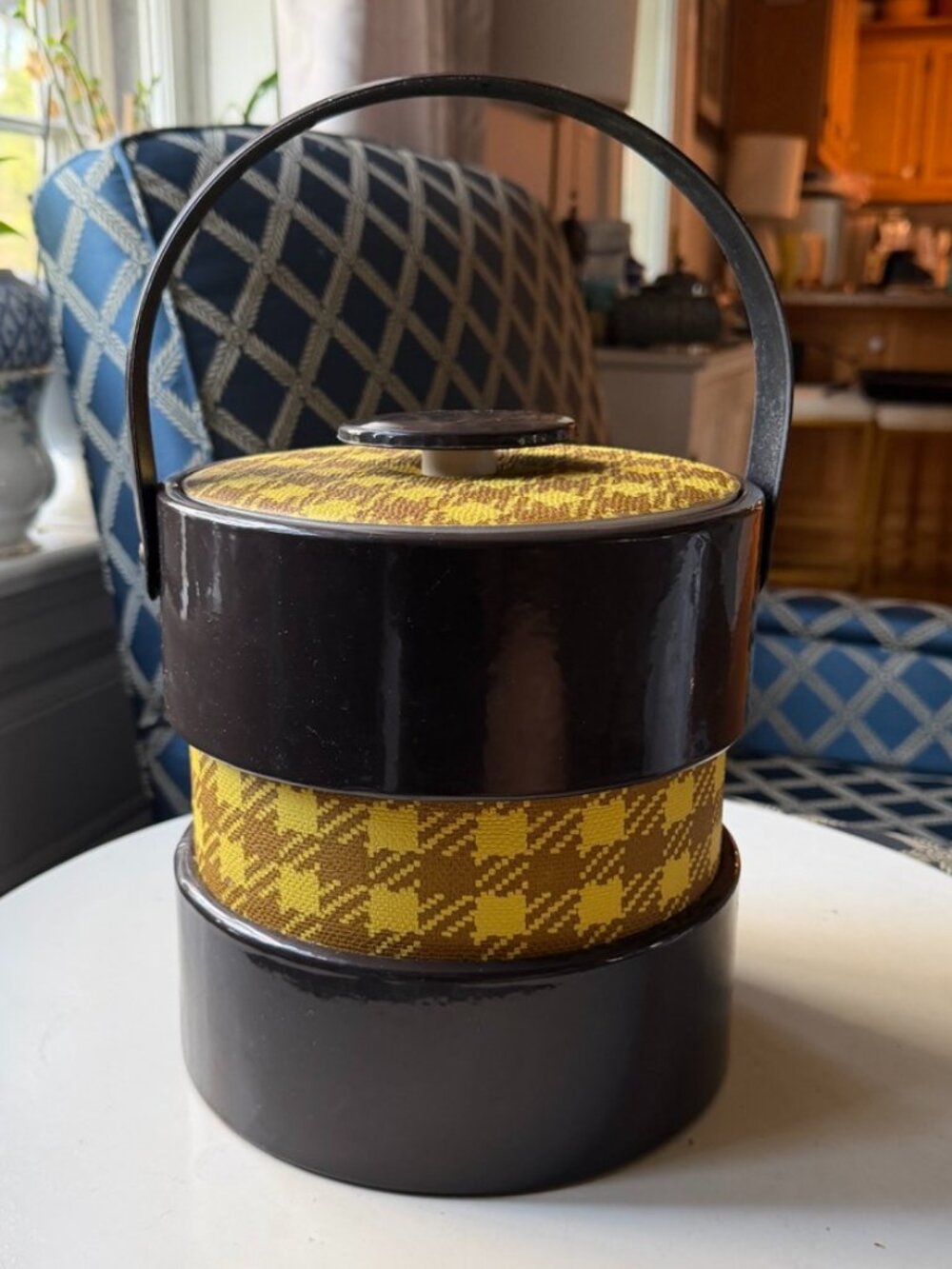 Vintage Retro brown & yellow houndstooth plaid mid century modern ice bucket